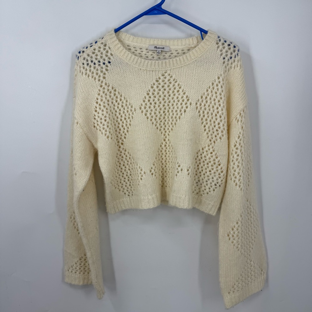 Madewell Cropped Diamond Pattern Knit Sweater in Cream M